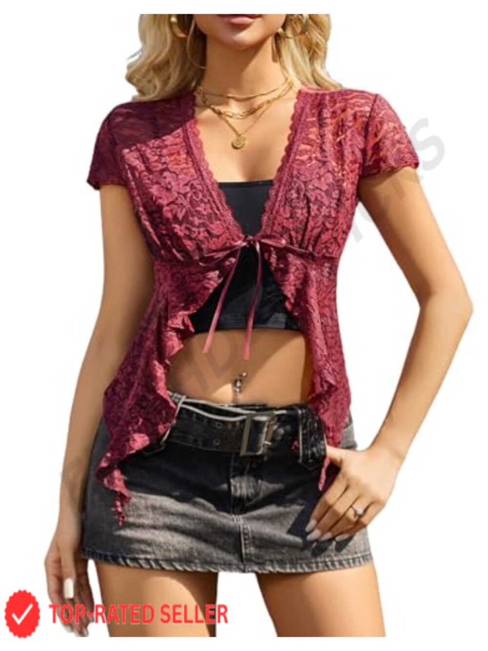 Sheer Lace Shrug Short Sleeve Tie Front Y2K Bolero Crop Top